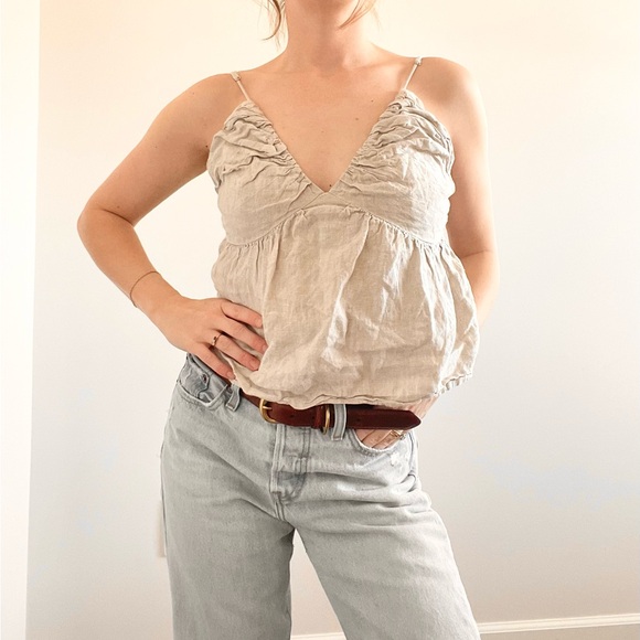 J.Crew Tan Linen Rouched Tank Top - Picture 2 of 8